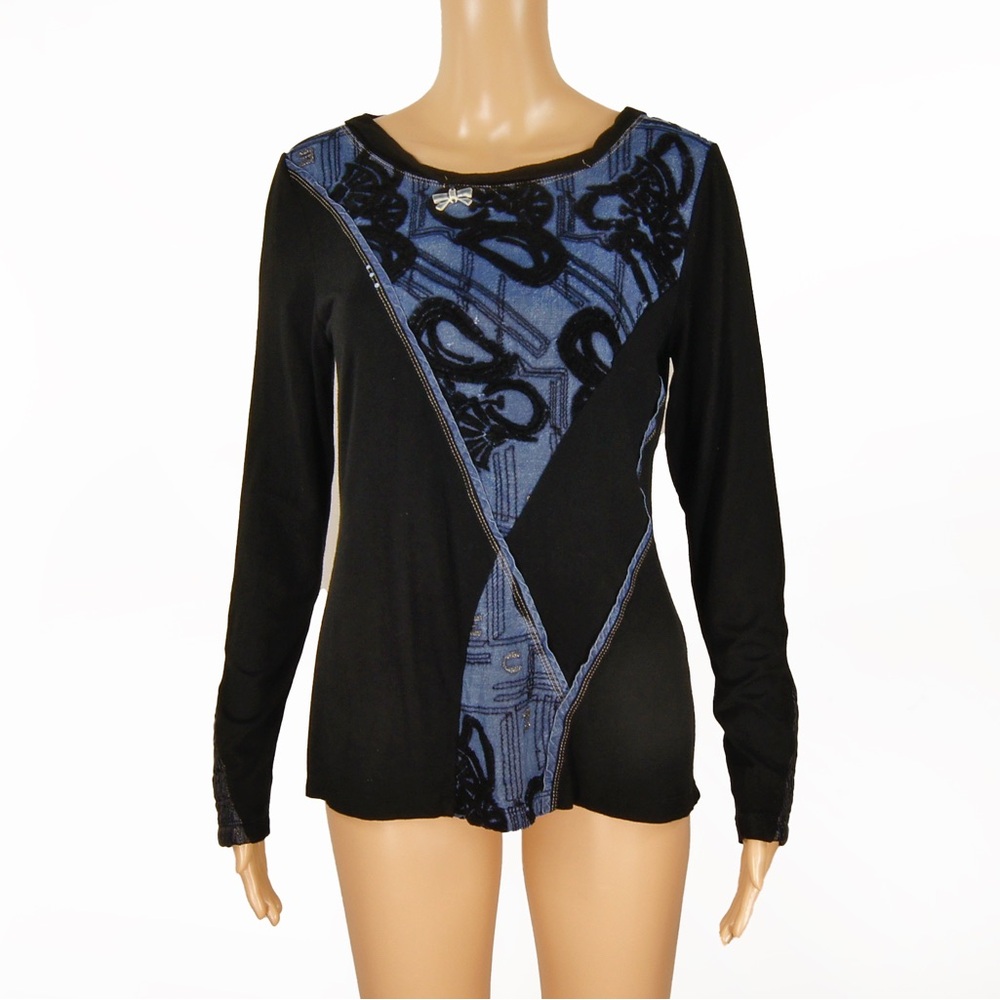 Vintage Elisa Cavaletti Embroidered Blue Black Long Sleeve Top